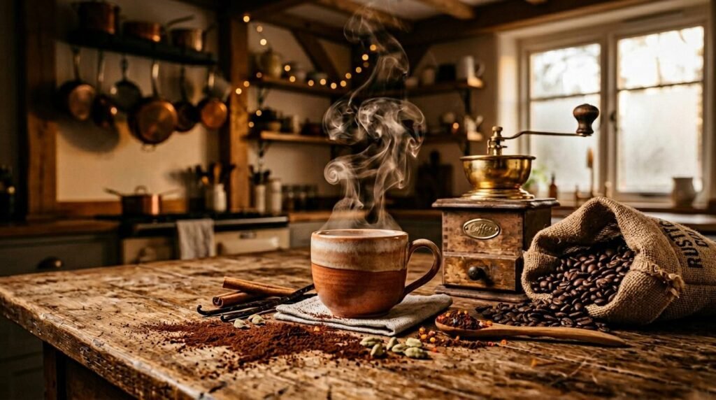 Tasse de café fumant avec grains et moulin vintage dans cuisine rustique