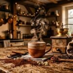Tasse de café fumant avec grains et moulin vintage dans cuisine rustique