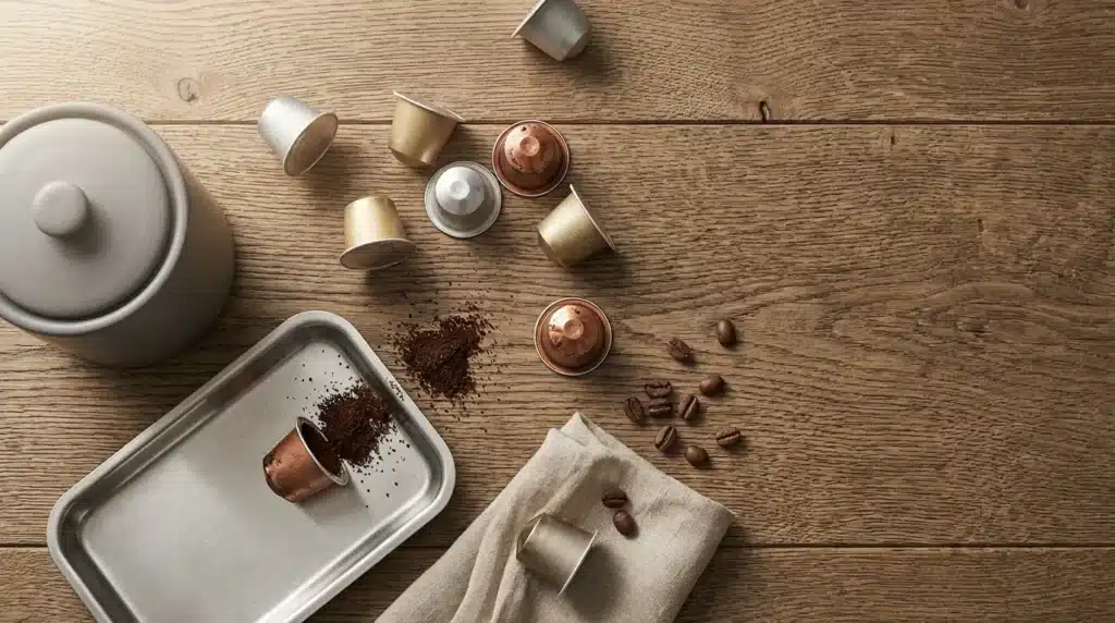 Capsules café, grains et accessoires dorés sur bois