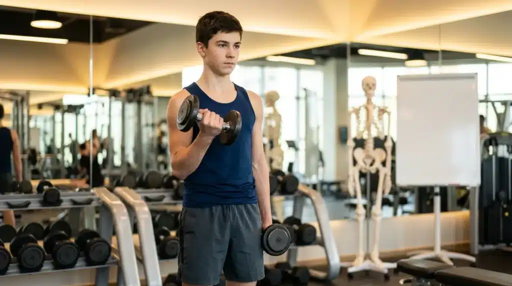 Jeune garçon soulevant des haltères dans une salle de sport