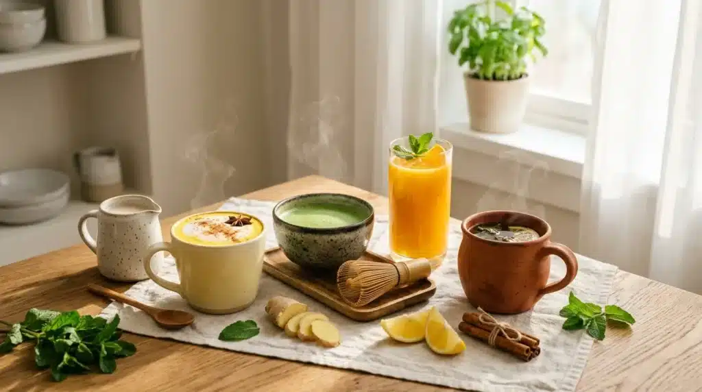 Table avec thés, café, jus et herbes aromatiques fraîches