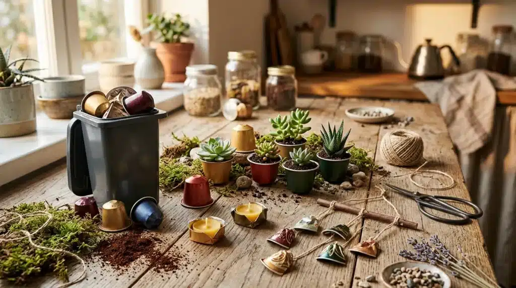 Table avec succulentes en pots, outils jardinage et capsules café