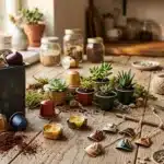 Table avec succulentes en pots, outils jardinage et capsules café