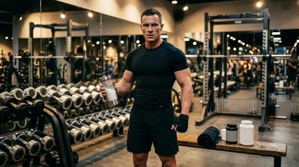 Homme musclé tenant une bouteille dans une salle de gym