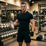Homme musclé tenant une bouteille dans une salle de gym