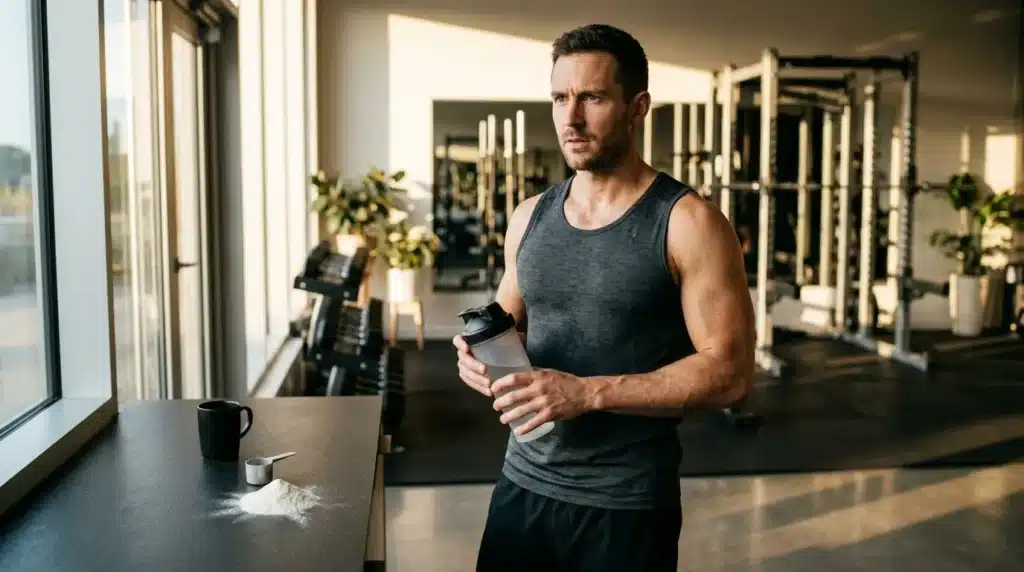 Homme en tenue de sport tenant une bouteille d'eau en salle