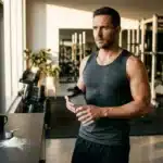 Homme en tenue de sport tenant une bouteille d'eau en salle