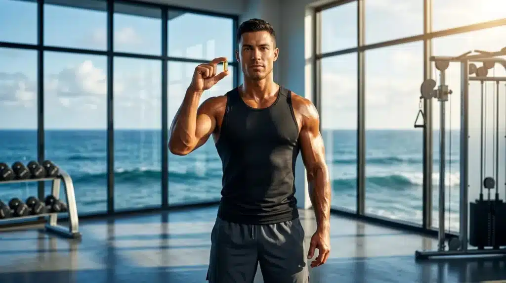 Homme musclé tenant une capsule de supplément en salle de gym