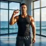 Homme musclé tenant une capsule de supplément en salle de gym