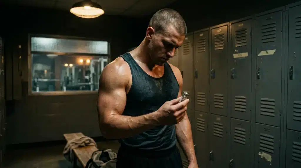 Homme musclé consultant son téléphone dans vestiaires