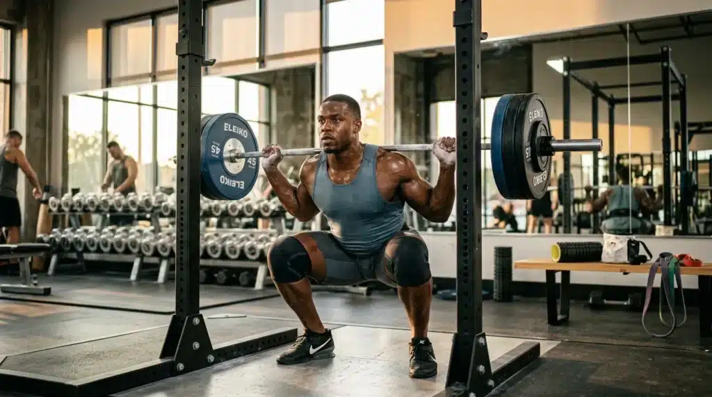 Homme musclé en squat avec haltères dans un gym moderne