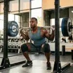 Homme musclé en squat avec haltères dans un gym moderne