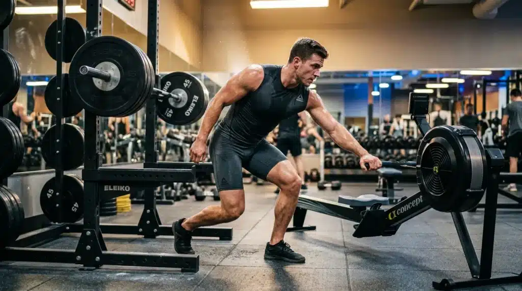 Homme musclé effectue un exercice de rame en salle CrossFit