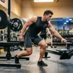 Homme musclé effectue un exercice de rame en salle CrossFit