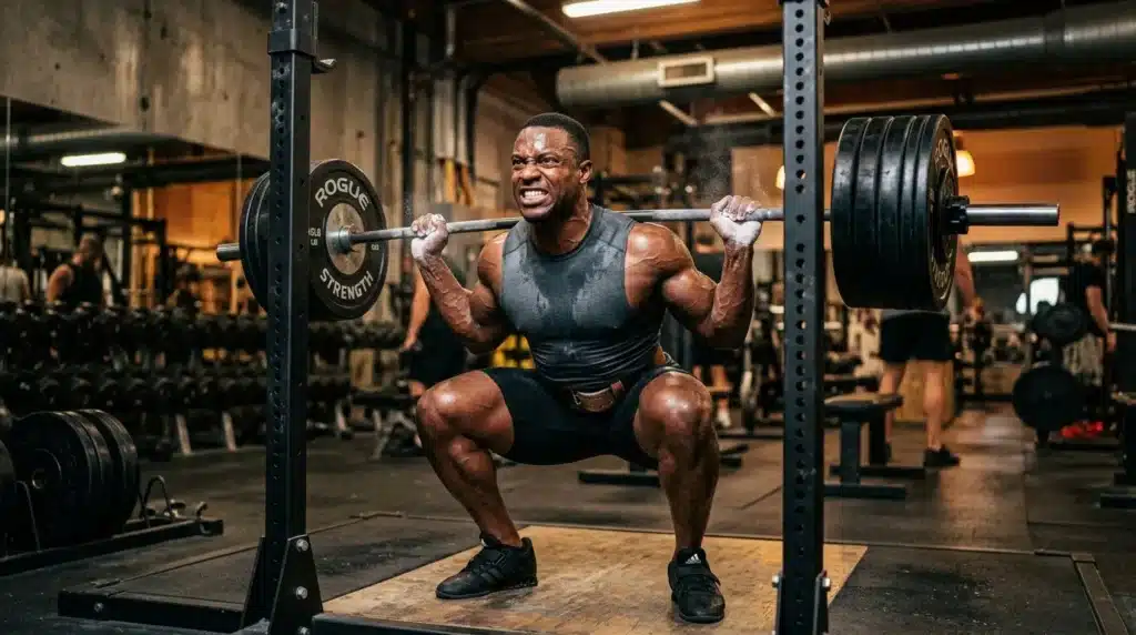 Homme musclé effectuant un squat en salle de musculation