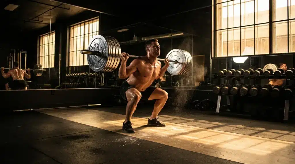 Homme musclé effectuant un squat avec haltères dans une salle de sport