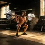 Homme musclé effectuant un squat avec haltères dans une salle de sport