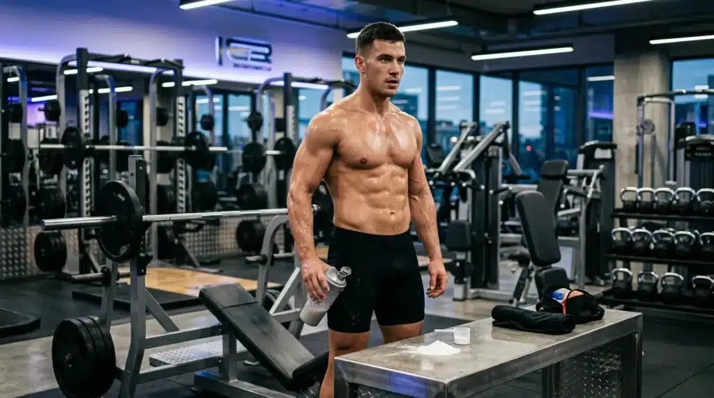 Homme musclé tenant une bouteille d'eau en salle de sport moderne