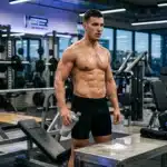 Homme musclé tenant une bouteille d'eau en salle de sport moderne
