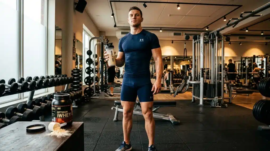 Homme en tenue de sport tenant une bouteille protéine en salle gym