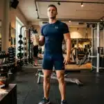Homme en tenue de sport tenant une bouteille protéine en salle gym