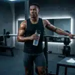 Homme musculaire tenant une bouteille d'eau à la barre