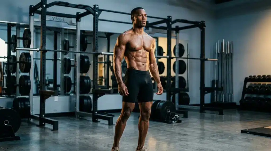 Homme athlétique torse nu posant dans une salle de musculation