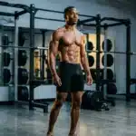 Homme athlétique torse nu posant dans une salle de musculation