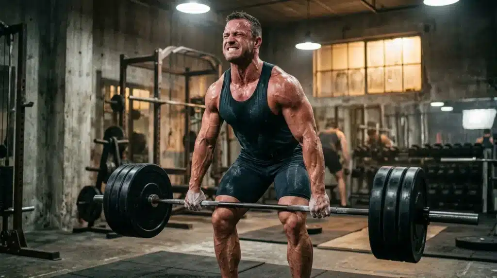 Homme musclé effectuant un soulevé de terre en salle de sport