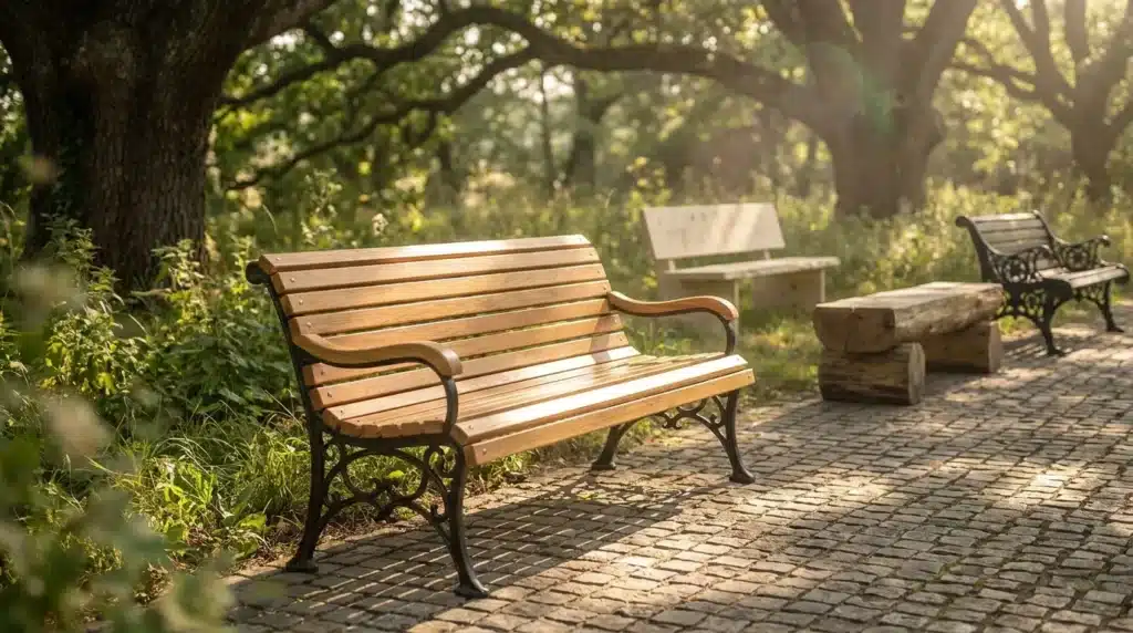 Bancs en bois sous les arbres d'un parc ombragé