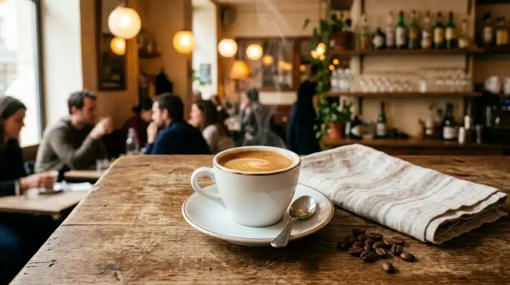 Tasse de cappuccino avec latte art dans café chaleureux.