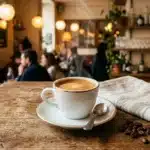 Tasse de cappuccino avec latte art dans café chaleureux.