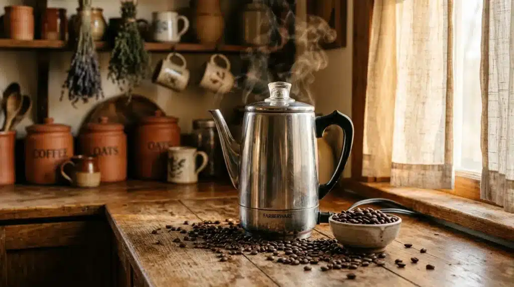 Cafetière électrique Farberware avec grains de café sur table rustique