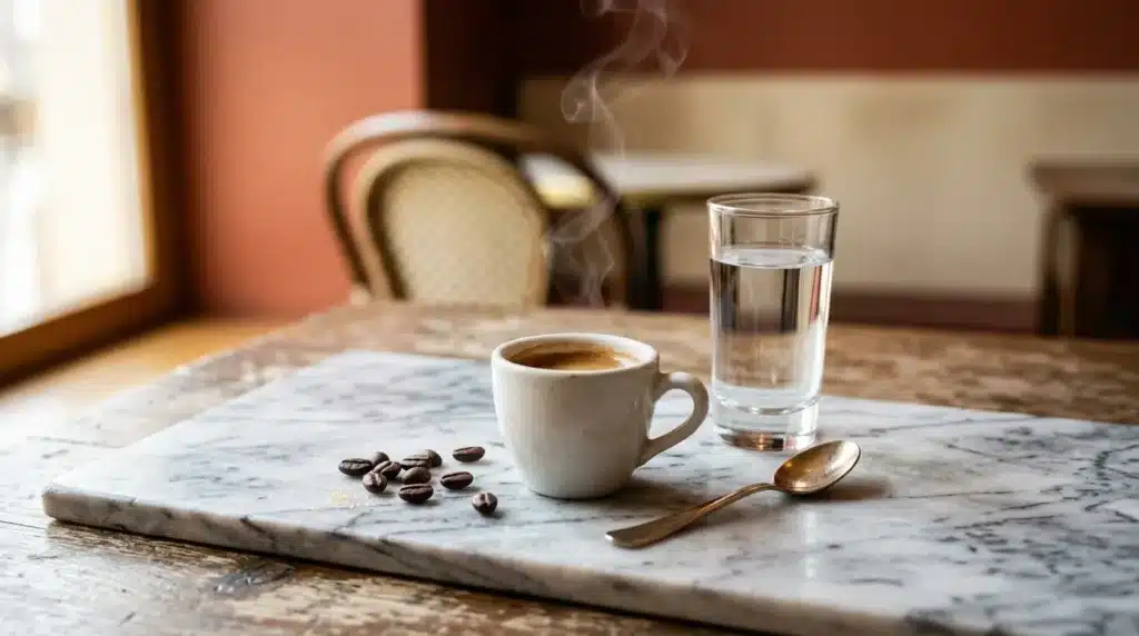 Tasse de café, verre d'eau et grains de café sur marbre