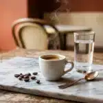 Tasse de café, verre d'eau et grains de café sur marbre