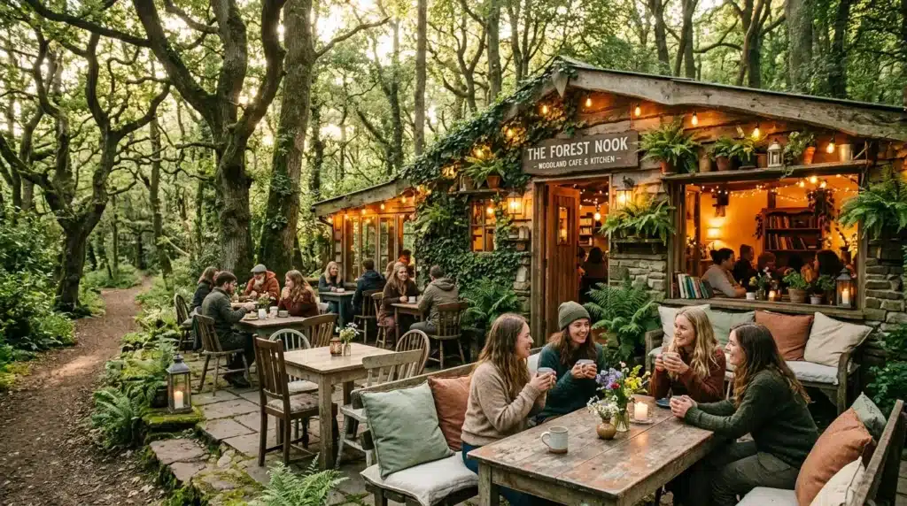 Café en forêt avec clients assis à des tables en bois