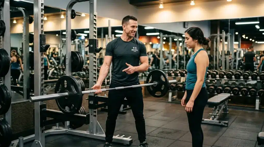 Homme entraîneur aide femme avec haltère en salle sport.