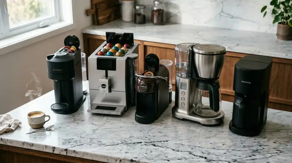 Cinq machines à café différentes alignées sur un comptoir en marbre