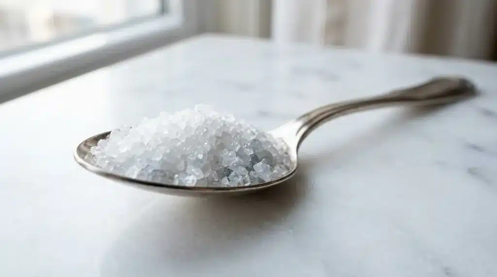 Cuillère en métal remplie de cristaux de sel blanc