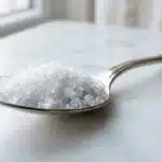 Cuillère en métal remplie de cristaux de sel blanc