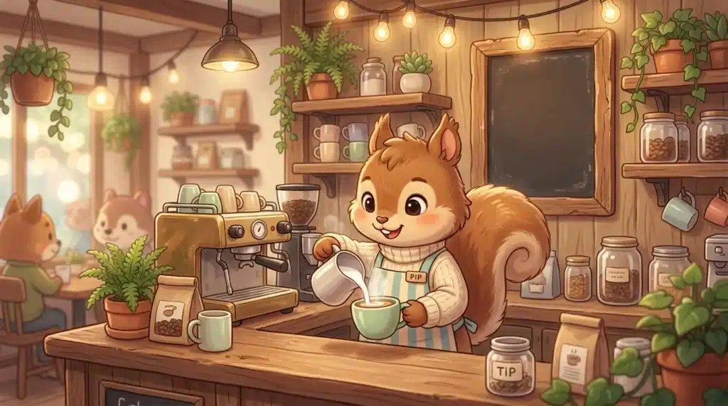 Écureuil servant du café dans un café chaleureux et végétal