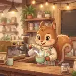 Écureuil servant du café dans un café chaleureux et végétal