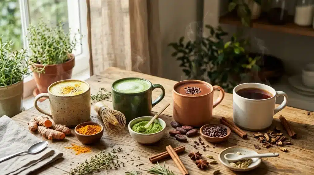 Quatre tasses de boissons différentes avec épices et herbes aromatiques
