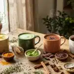 Quatre tasses de boissons différentes avec épices et herbes aromatiques
