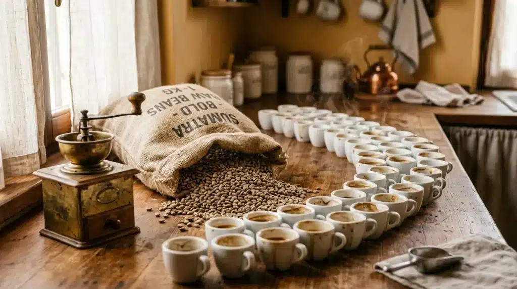 Grains de café et tasses alignées pour dégustation