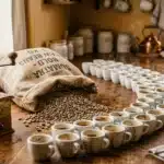 Grains de café et tasses alignées pour dégustation