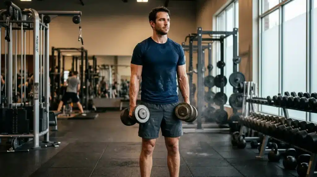 Homme musclé tenant des haltères dans une salle de gym