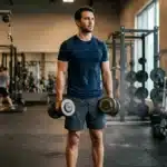 Homme musclé tenant des haltères dans une salle de gym