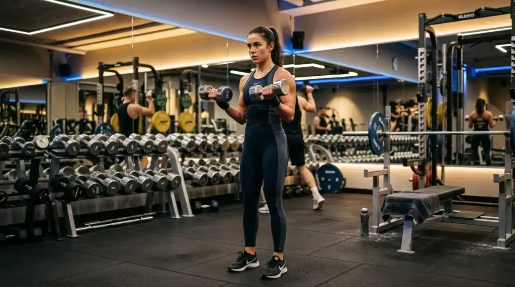 Femme soulevant des haltères dans une salle de gym moderne
