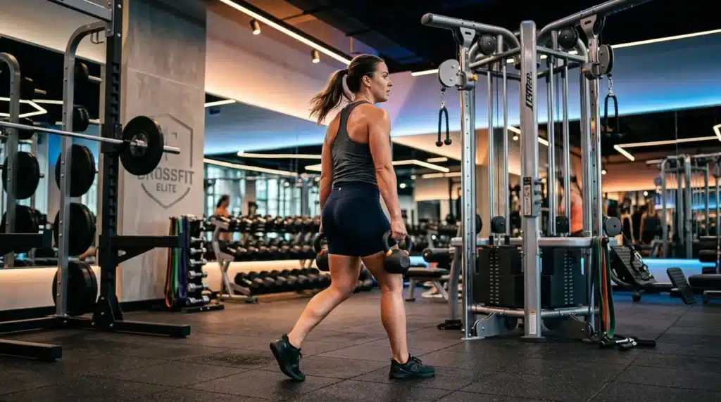 Femme s'entraînant avec haltère en salle de gym